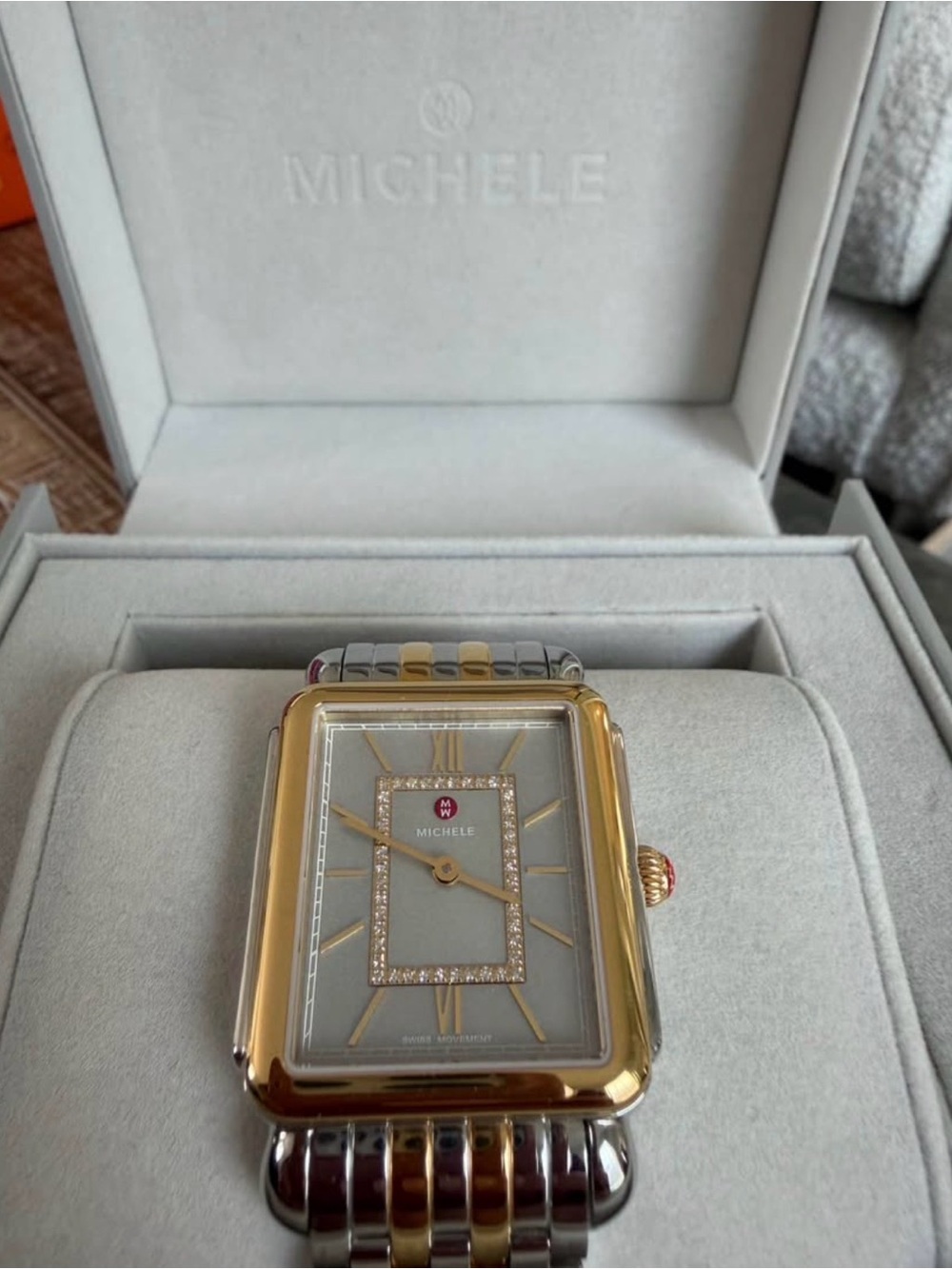 Michele Two-Tone Gold and Silver Rectangular Bracelet Watch - Picture 2 of 4